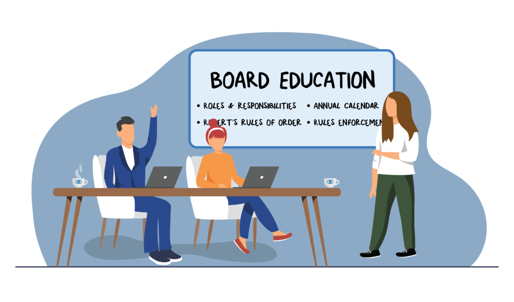 Illustrated scene of educator teaching board members with white board that reads board education
